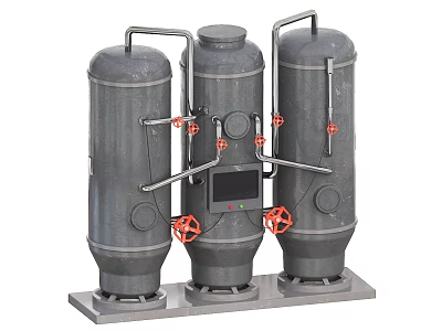 Industrial Equipment With Three Cylindrical Tanks Pipes Red Valves Control Panel And Base 3d model