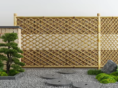 Natural Bamboo Fence with Lattice Pattern in Japanese Garden Stone Path and Pine Tree 3d model
