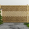 Natural Bamboo Fence with Lattice Pattern in Japanese Garden Stone Path and Pine Tree