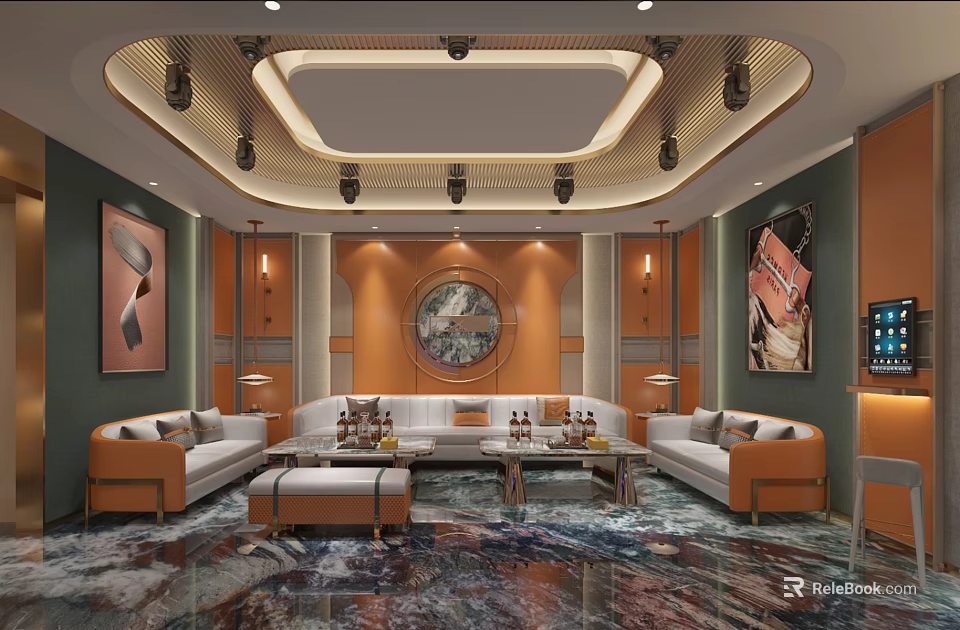 Luxurious KTV Interior Design With Sofas Coffee Tables And Decorative Paintings 3d model 
