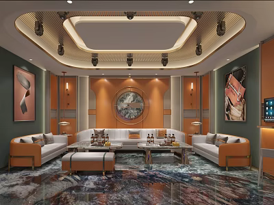 Luxurious KTV Interior Design With Sofas Coffee Tables And Decorative Paintings 3d model