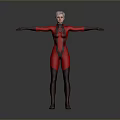 Woman in Red Bodysuit with Short Hair and Outstretched Arms Against Gray Background