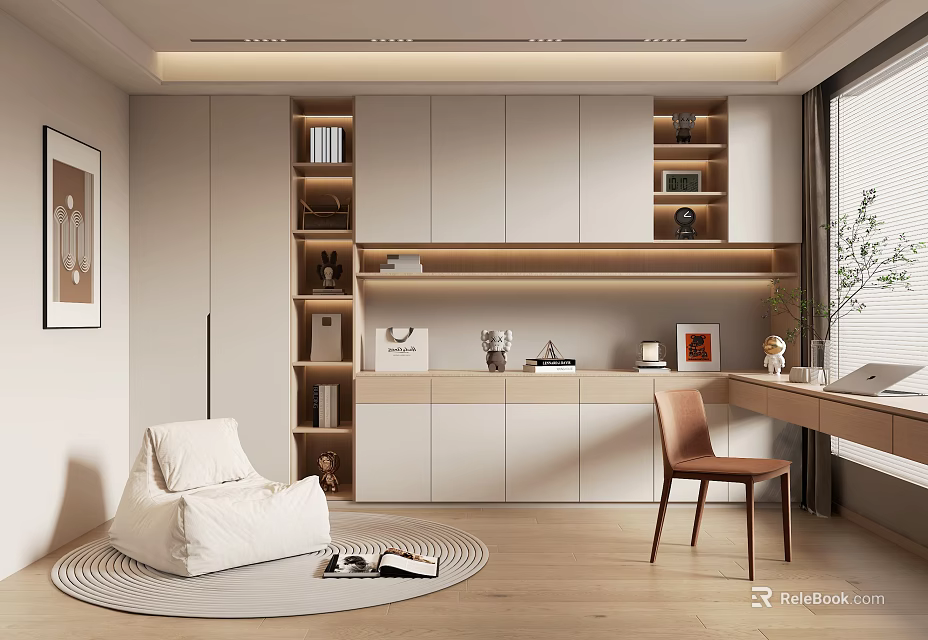 Modern Home Office Interior Design With Custom Storage Cabinets Bookshelves Writing Desk And Comfortable Seating 3d model 