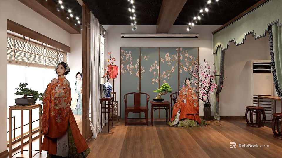 Traditional Chinese Style Mall Store Featuring Clothing Mannequins Floral Screen Decorative Lanterns And Potted Plants 3d model 