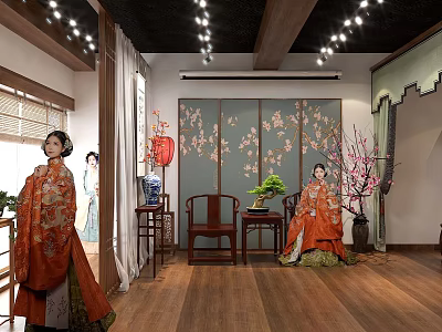 Traditional Chinese Style Mall Store Featuring Clothing Mannequins Floral Screen Decorative Lanterns And Potted Plants 3d model