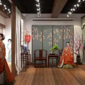 Traditional Chinese Style Mall Store Featuring Clothing Mannequins Floral Screen Decorative Lanterns And Potted Plants