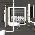 Modern Bathroom Interior With Glass Shower Freestanding Bathtub Large Window Double Sinks And White Tiles