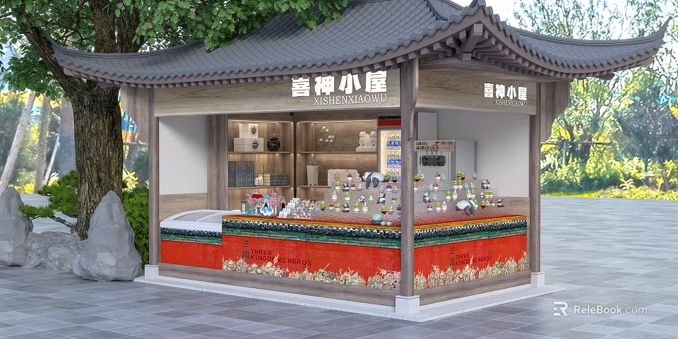 Traditional Chinese Style Pavilion With Displayed Goods And Green Plants On Commercial Street 3d model 