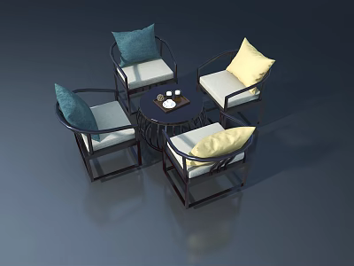 Swing Door In Living Room With Round Table Four Chairs And Colorful Cushions 3d model