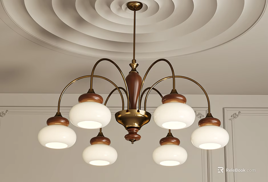 Traditional Chandelier Design With Metal Frame Wooden Accents And White Lampshades 3d model 