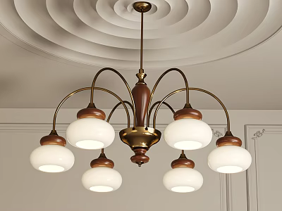 Traditional Chandelier Design With Metal Frame Wooden Accents And White Lampshades 3d model