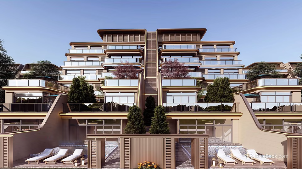 Modern Luxury Residential Building Exterior With Balconies Greenery And Lounge Chairs 3d model 