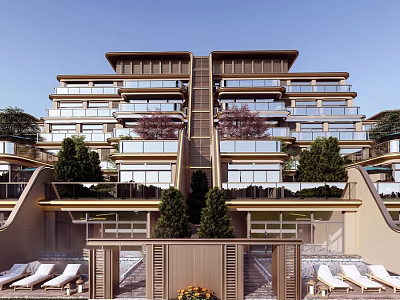 Modern Luxury Residential Building Exterior With Balconies Greenery And Lounge Chairs 3d model