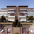Modern Luxury Residential Building Exterior With Balconies Greenery And Lounge Chairs