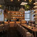 Cozy Café Interior Featuring Wooden Tables Chairs Chandeliers Green Plants Brick Bar And Large Windows