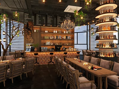 Cozy Café Interior Featuring Wooden Tables Chairs Chandeliers Green Plants Brick Bar And Large Windows 3d model