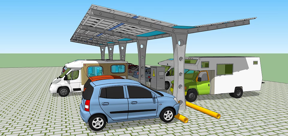 Carport Canopy Metal Frame Structure For Parking Area With Cars And RVs 3d model 