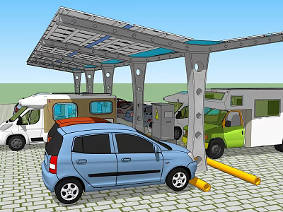 Carport Canopy Metal Frame Structure For Parking Area With Cars And RVs 3d model