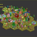 Cartoon Scene Of Hexagonal Green Meadow With Small Colorful Houses Trees Ponds And Paths