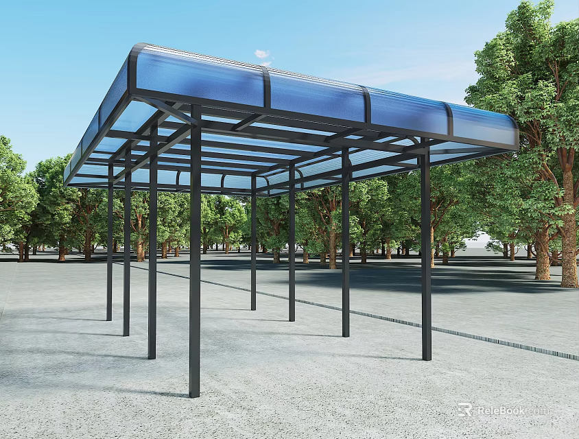 Outdoor Sunshade Shelter with Black Metal Frame and Blue Transparent Roof Near Green Trees 3d model 