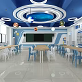 School Space Exploration Classroom With Blue White Design Ceiling Planet Decorations Tables Chairs 3d model
