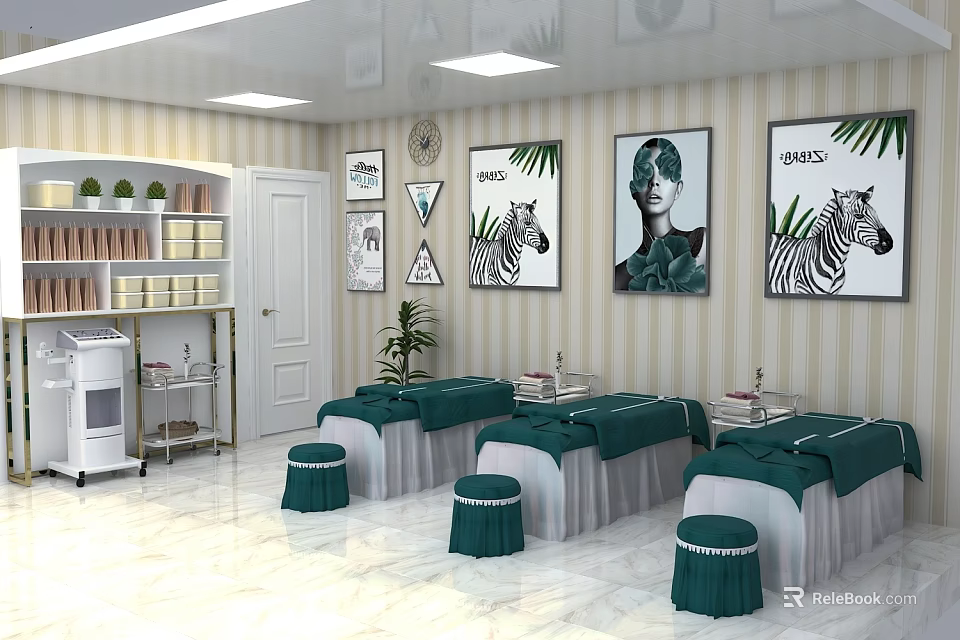 Modern Beauty Salon Interior With Green Treatment Beds Decorative Paintings Plants And Product Shelves 3d model 