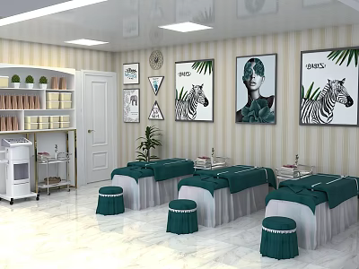Modern Beauty Salon Interior With Green Treatment Beds Decorative Paintings Plants And Product Shelves 3d model
