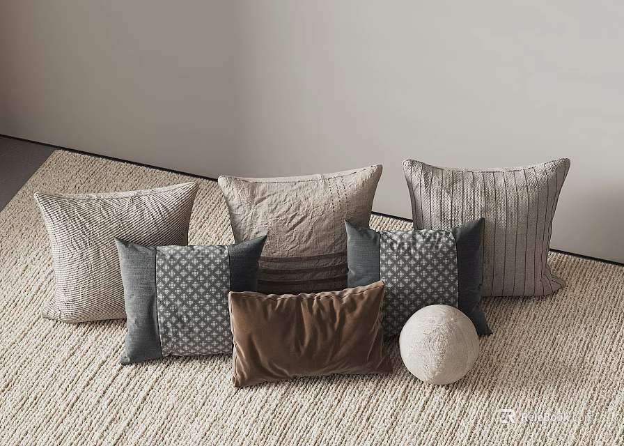 Soft Decorative Throw Pillows In Gray Brown And Patterned Textures On Carpet 3d model 