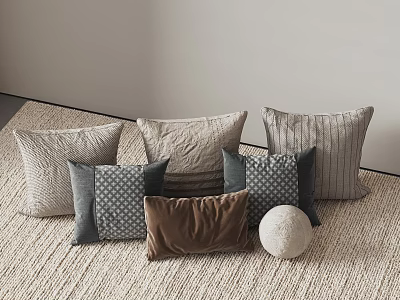 Soft Decorative Throw Pillows In Gray Brown And Patterned Textures On Carpet 3d model