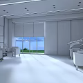Modern Conference Room With Wooden Flooring Large Windows Roller Blinds Green Lawn And Gray Sofas