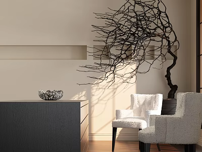 Modern White Plush Accent Chair in Minimalist Living Room with Wooden Floor and Decorative Branch 3d model