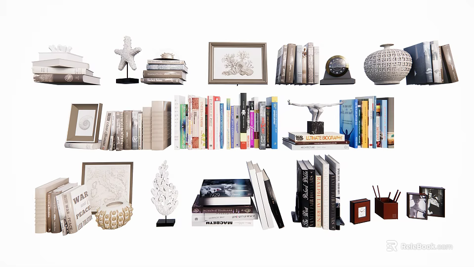 Elegant Decorative Ornaments Combination with Books Frames Sculptures Globe and Starfish for Home Decor 3d model 
