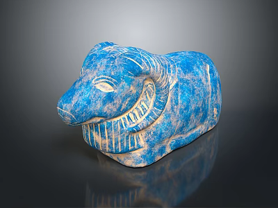 Blue Ram Sculpture With Carved Details And Textured Surface On Dark Base 3d model