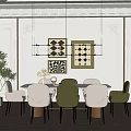 Elegant Restaurant Dining Area With White Green Chairs Pendant Lights And Wall Art
