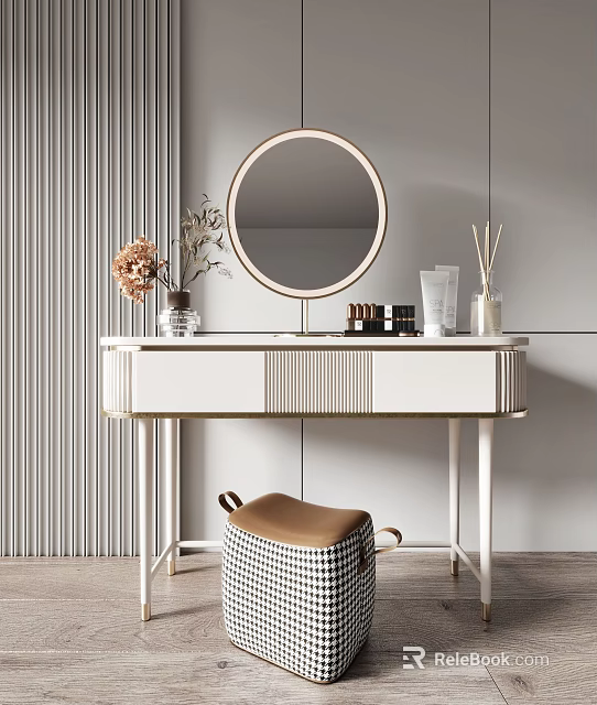 Modern White Dressing Table With Circular Mirror Cosmetics And Stool 3d model