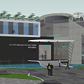 Modern Office Building Design With Glass Facade Green Roof Water Feature Palm Trees Outdoor Area