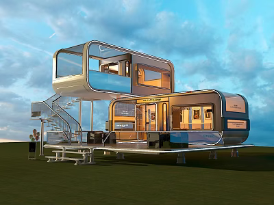 Modern Design Residential Building With Glass Walls Staircase Open Terrace And Grass Surroundings 3d model