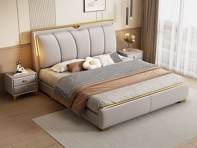 Modern Elegant Double Bed With Light Gray Upholstered Headboard Gold Trim And Cozy Bedroom Interior 3d model