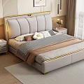 Modern Elegant Double Bed With Light Gray Upholstered Headboard Gold Trim And Cozy Bedroom Interior