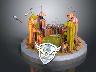 Cartoon Style Castle Scene With Colorful Towers Flags Green Arena And Winged Shield Emblem 3d model