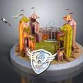 Cartoon Style Castle Scene With Colorful Towers Flags Green Arena And Winged Shield Emblem