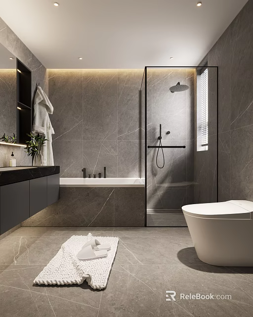 Modern Bathroom With Gray Marble Wall Bathtub Shower Enclosure Vanity Toilet Green Plant And Towel 3d model 