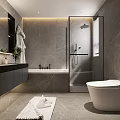 Modern Bathroom With Gray Marble Wall Bathtub Shower Enclosure Vanity Toilet Green Plant And Towel