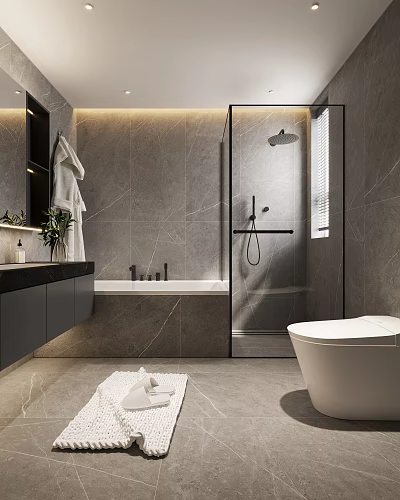 Modern Bathroom With Gray Marble Wall Bathtub Shower Enclosure Vanity Toilet Green Plant And Towel 3d model