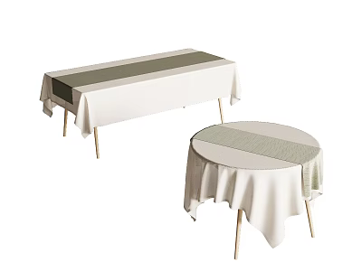 Stylish Rectangular And Round Tables With White Tablecloths And Green Striped Runners 3d model