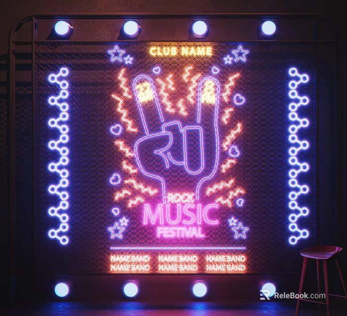 Neon Decorative Lights With Peace Sign Stars Lightning For Rock Music Festival Club Name 3d model 