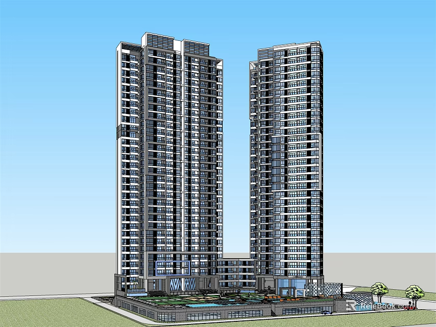 Modern High Rise Residential Buildings With Landscaped Garden And Swimming Pool 3d model 