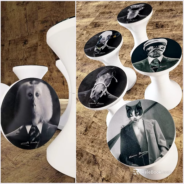 White Modern Stools Featuring Black And White Animal Portraits On Round Seats 3d model 