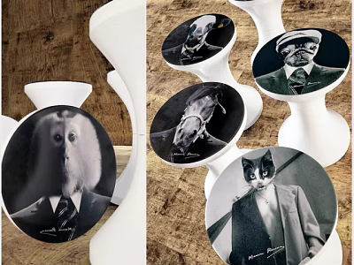 White Modern Stools Featuring Black And White Animal Portraits On Round Seats 3d model
