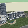 Modern Spiral Office Building Complex With Green Spaces Water Features And Pathways 3d model